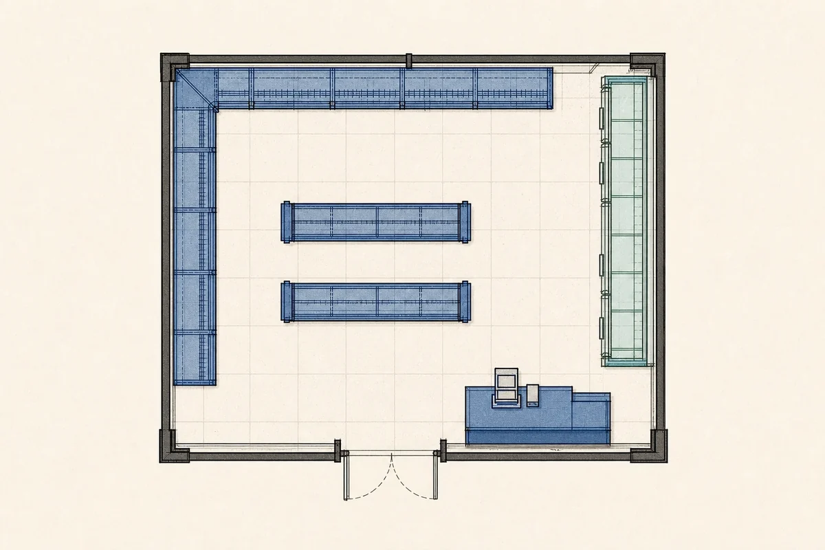 Compact convenience store floor plan with wall shelving, short aisles, refrigeration and one checkout counter