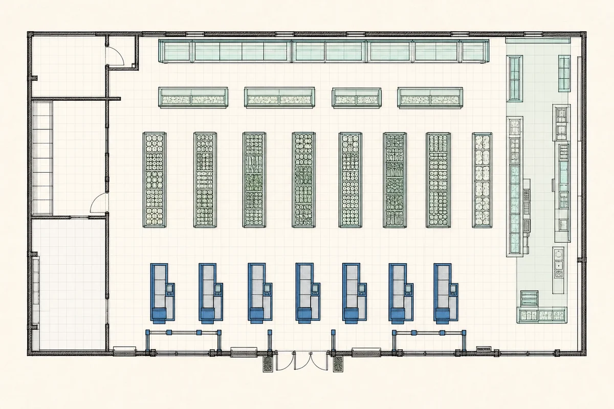 Fresh-food and grocery store floor plan with refrigerated walls, produce islands and cooked-food counters