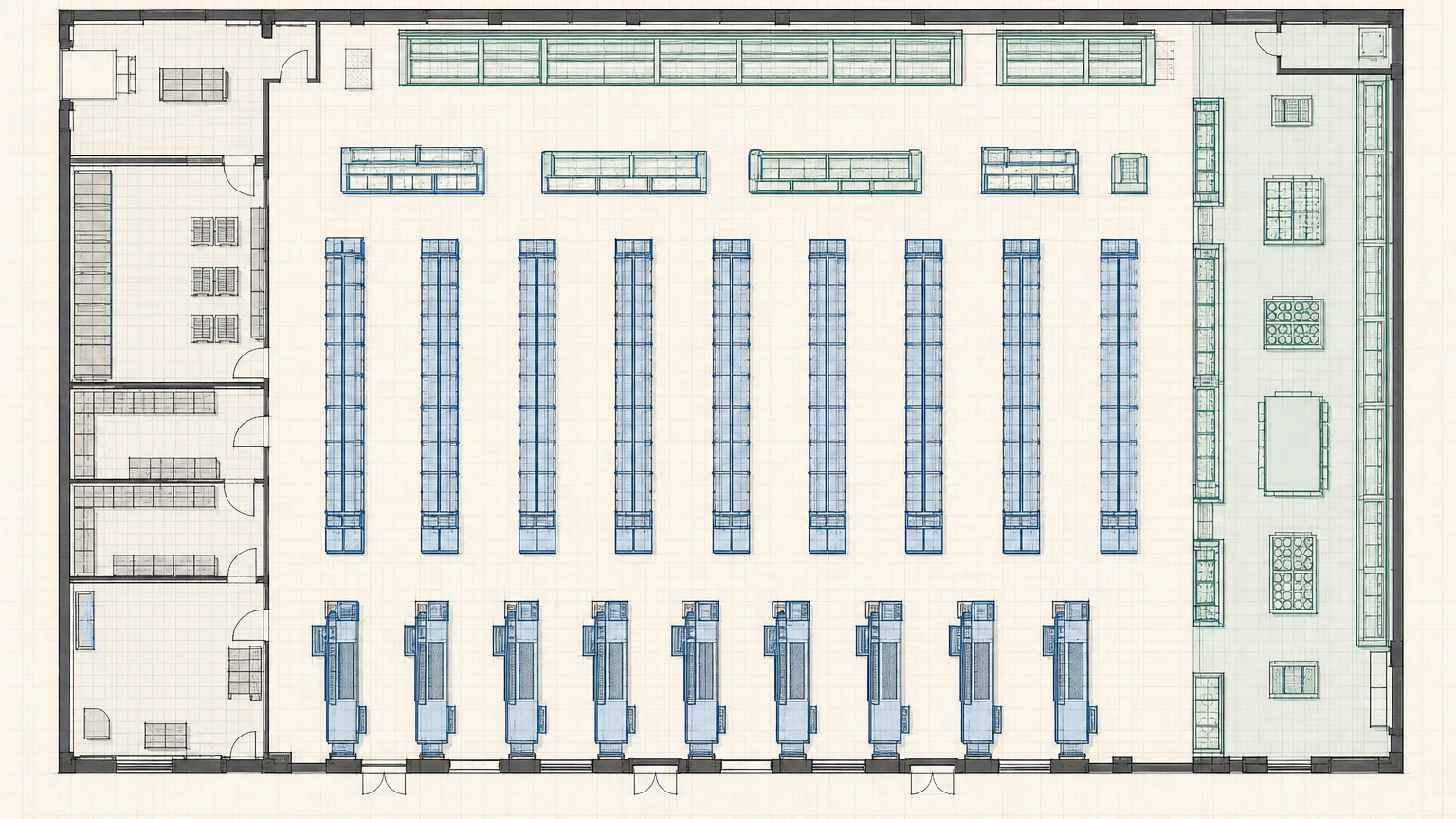 Top-down hypermarket and supermarket floor plan with gondola aisles, fresh-food walls and conveyor checkout lanes