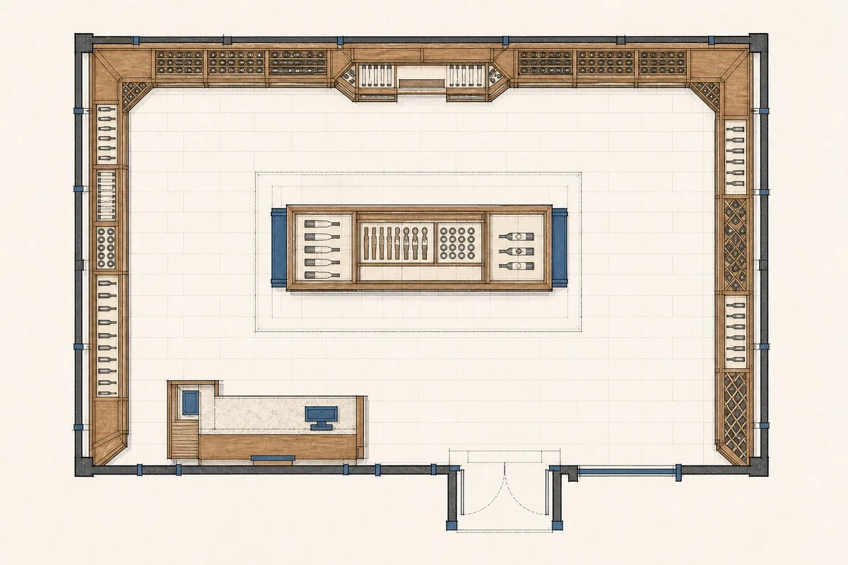 Wine, tobacco and specialty store floor plan with wooden perimeter showcases and a central display island