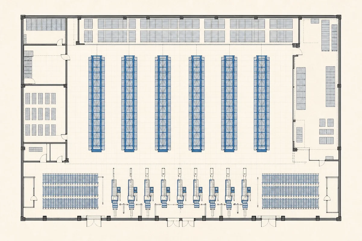 Warehouse and membership club floor plan with heavy-duty rack rows, wide aisles and bulk checkout lanes