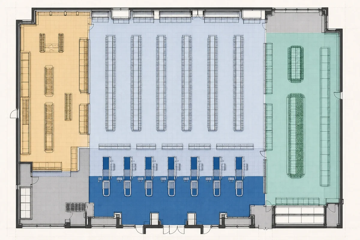 Zoned supermarket floor plan showing front end, grocery aisles, fresh food, specialty and circulation areas