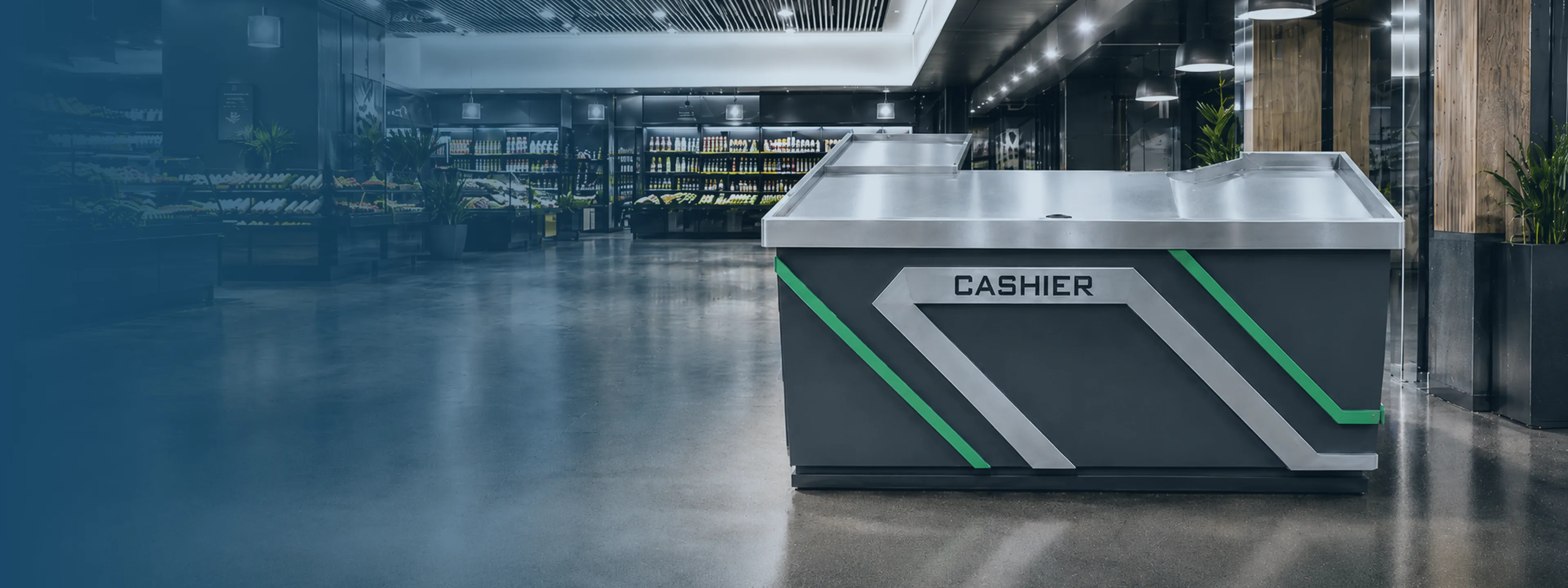 Keshun supermarket checkout counter with a stainless worktop standing in a finished store