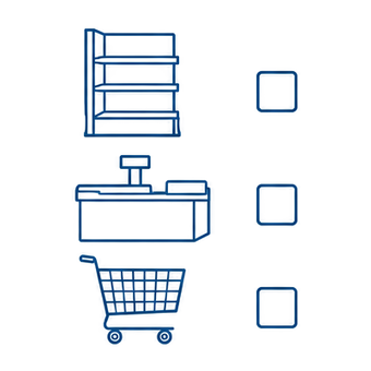 Shelving bay, checkout counter and shopping trolley silhouettes each with a tick box
