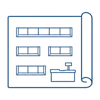 Unrolled store layout drawing showing shelving runs and a checkout line