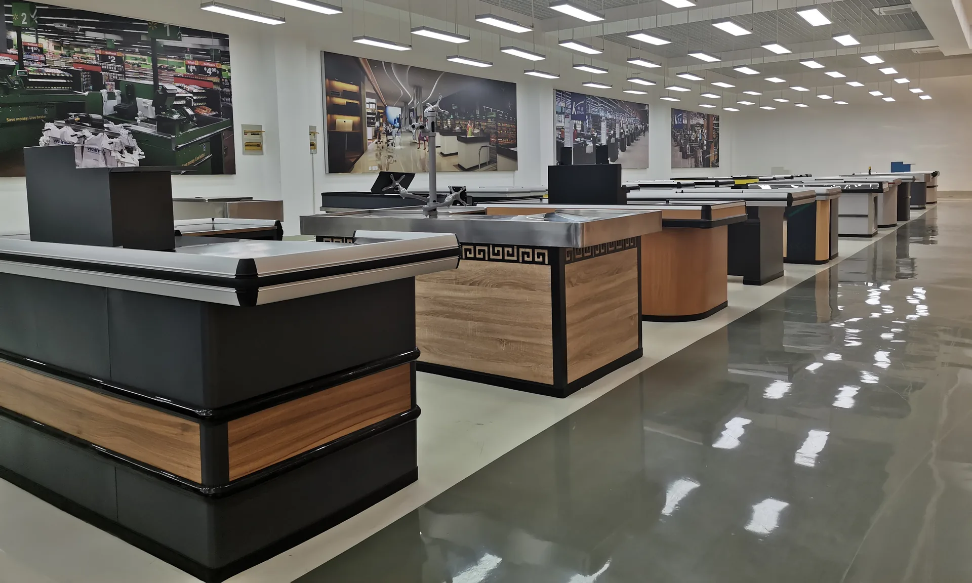 Row of finished supermarket cashier counters in the Keshun showroom in Changshu