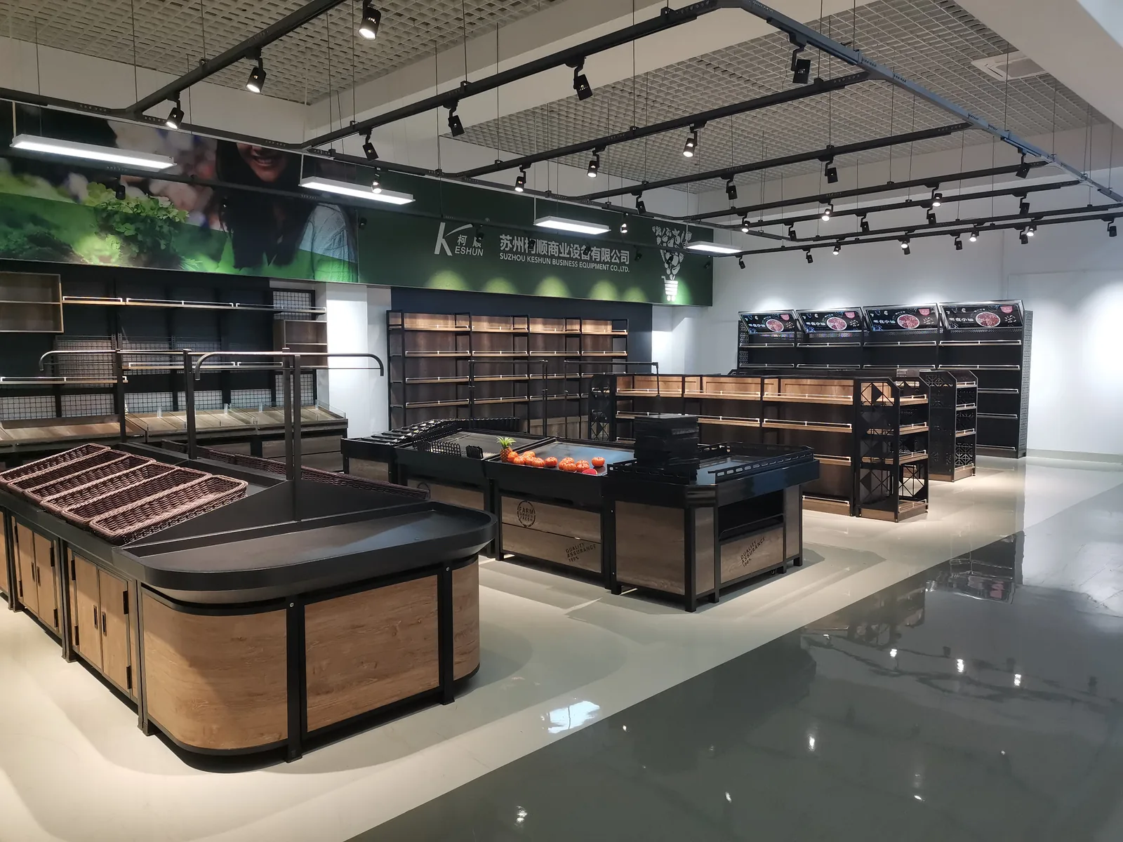 Finished supermarket cashier counter and wooden shelving in the Keshun showroom
