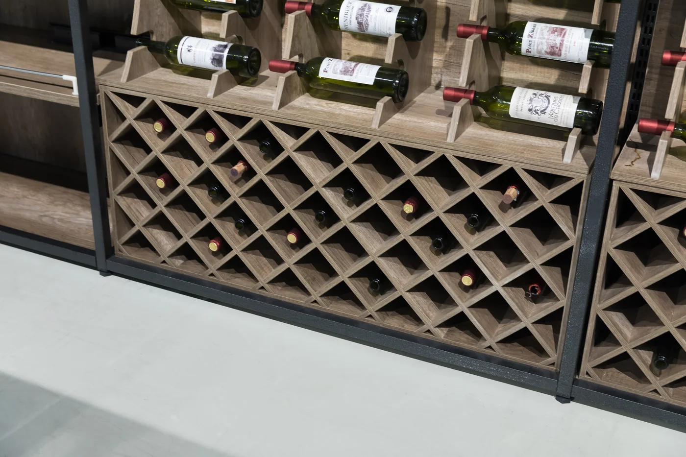 Wood-finish wine display fixture detail produced by Keshun