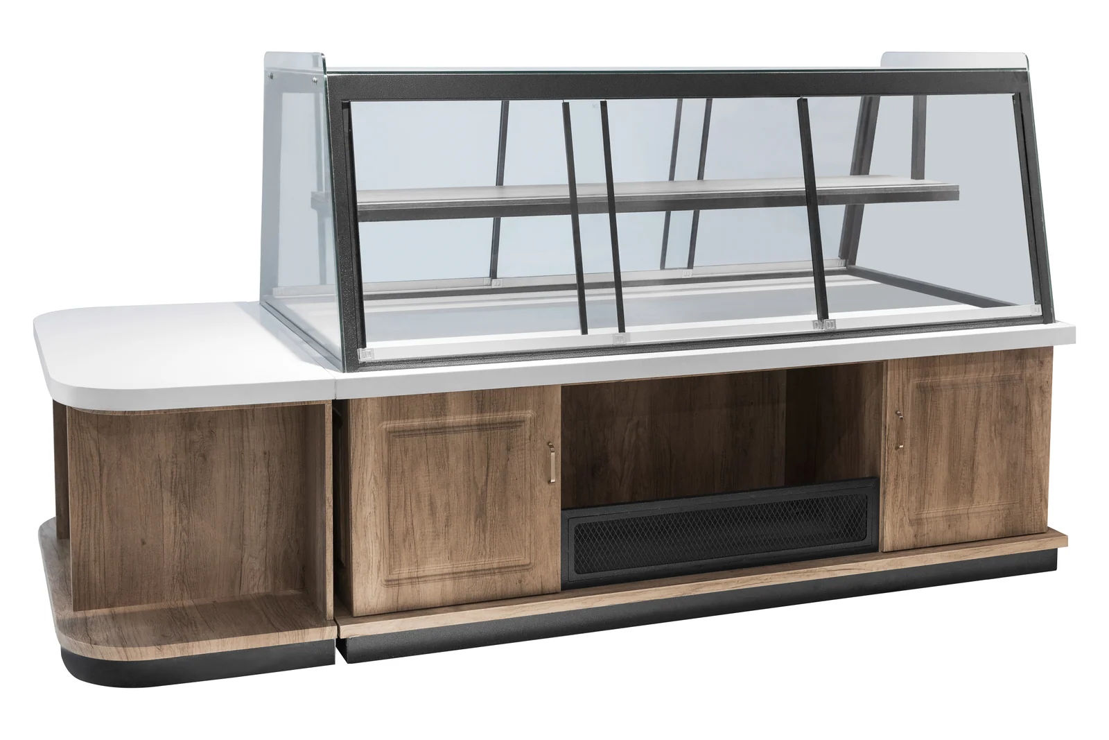 A glazed bakery display case over a timber cabinet base