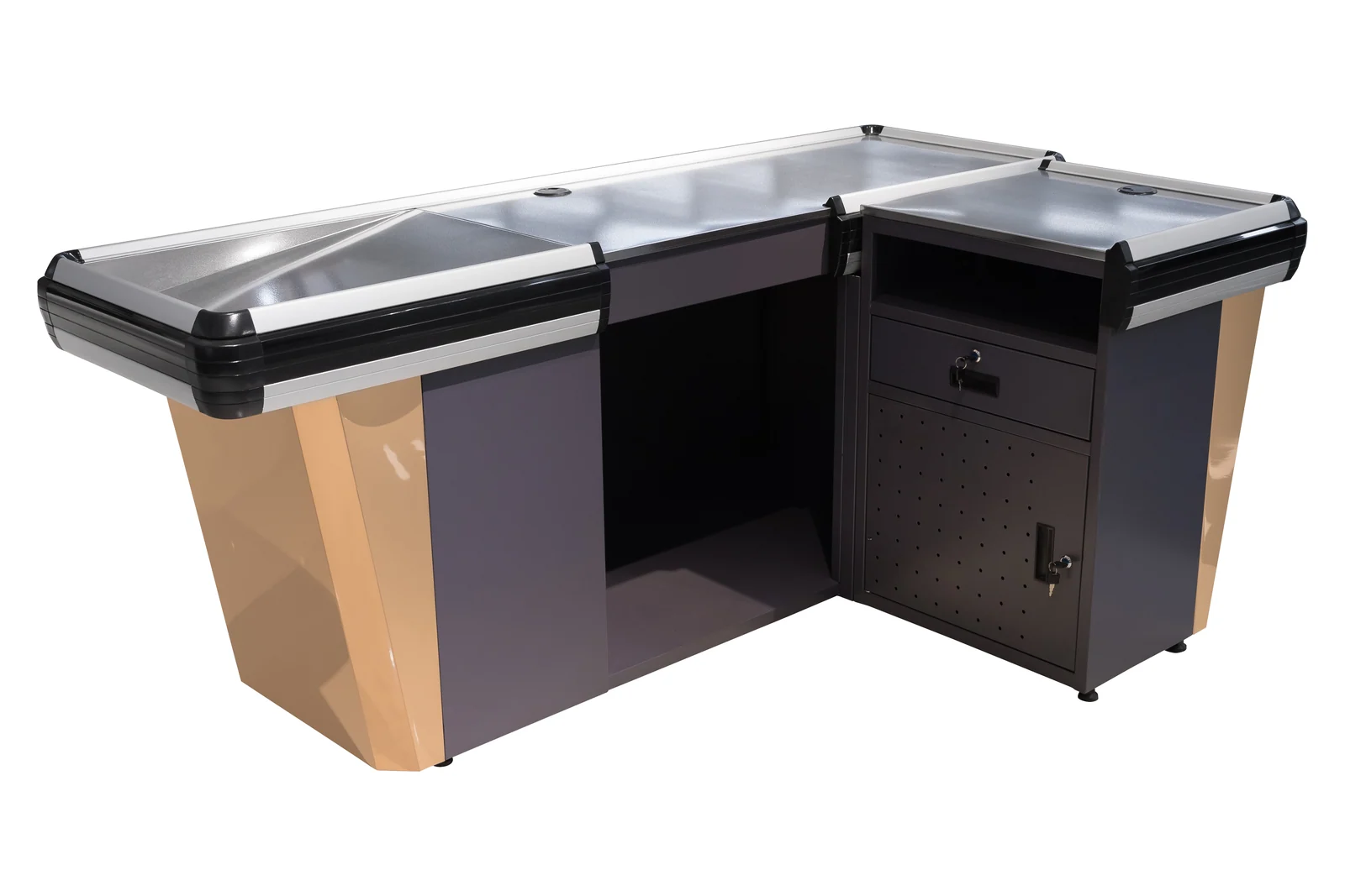 A Keshun checkout counter with a belt deck and the scan position along the run