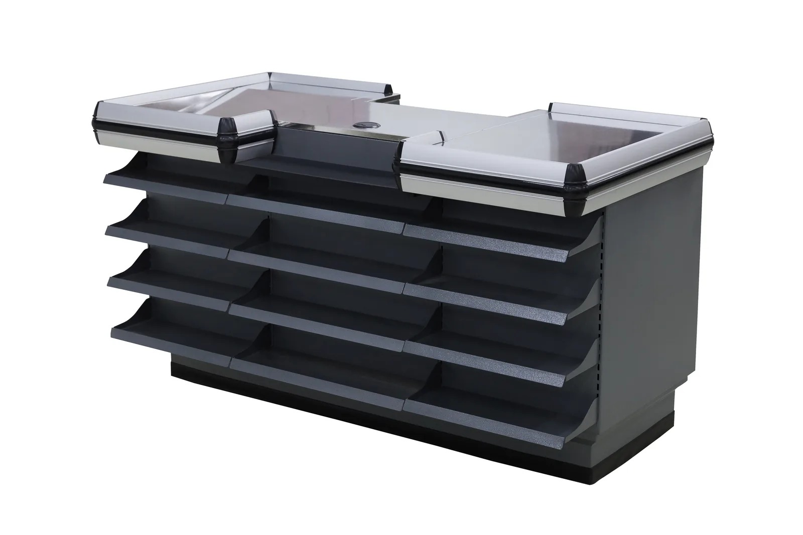 Keshun retail checkout counter with a stainless worktop, packing end and four tiers of impulse shelving on the shopper side