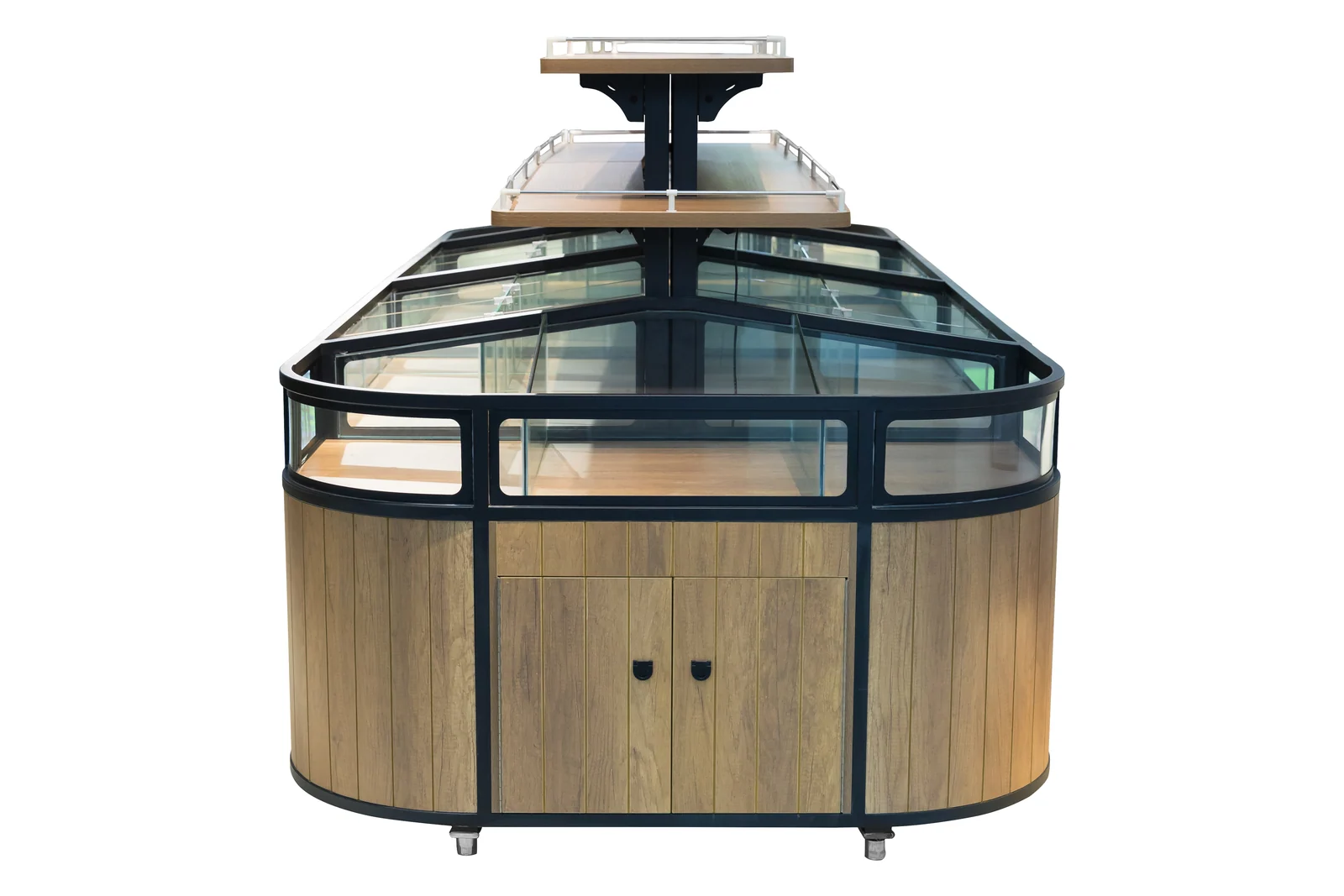 Timber cabinet bodies and island units arranged as a compact shop layout