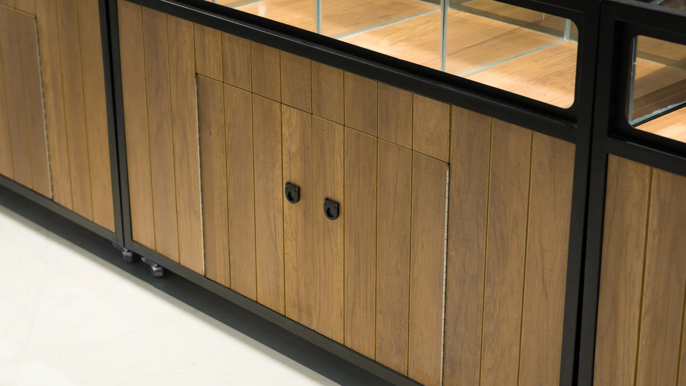 Timber dry goods cabinets and island bodies arranged as a shopfront display in the Keshun showroom