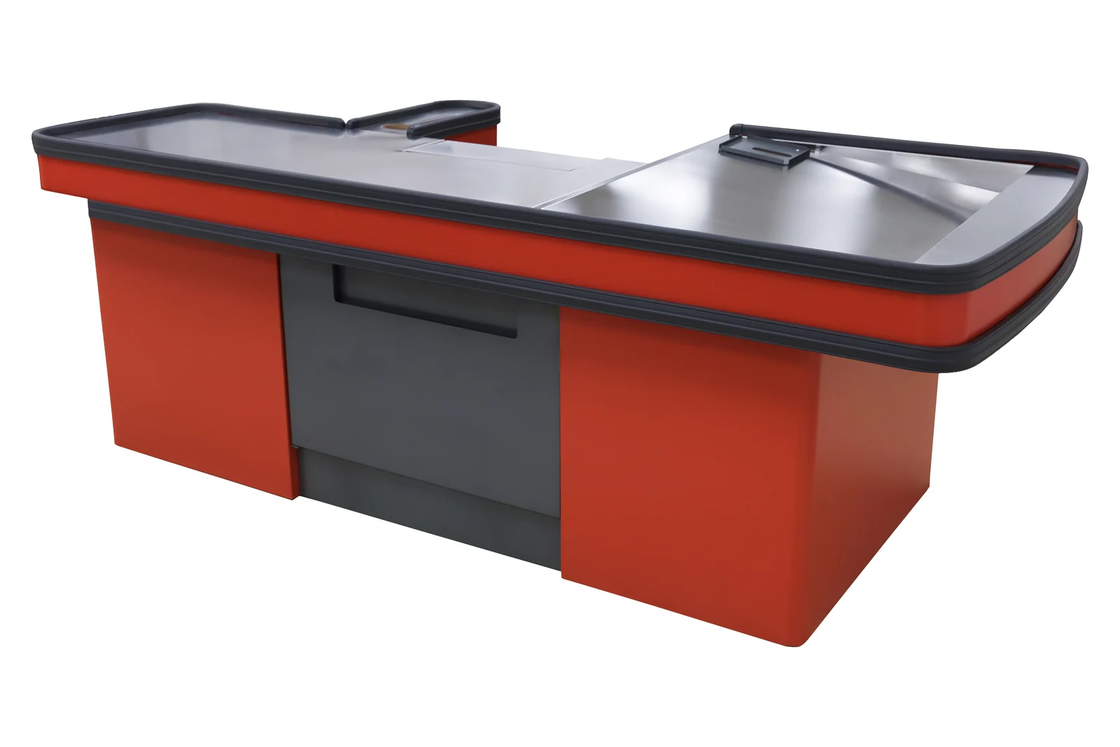 Close view of tier depth and the top edge return on a checkout counter