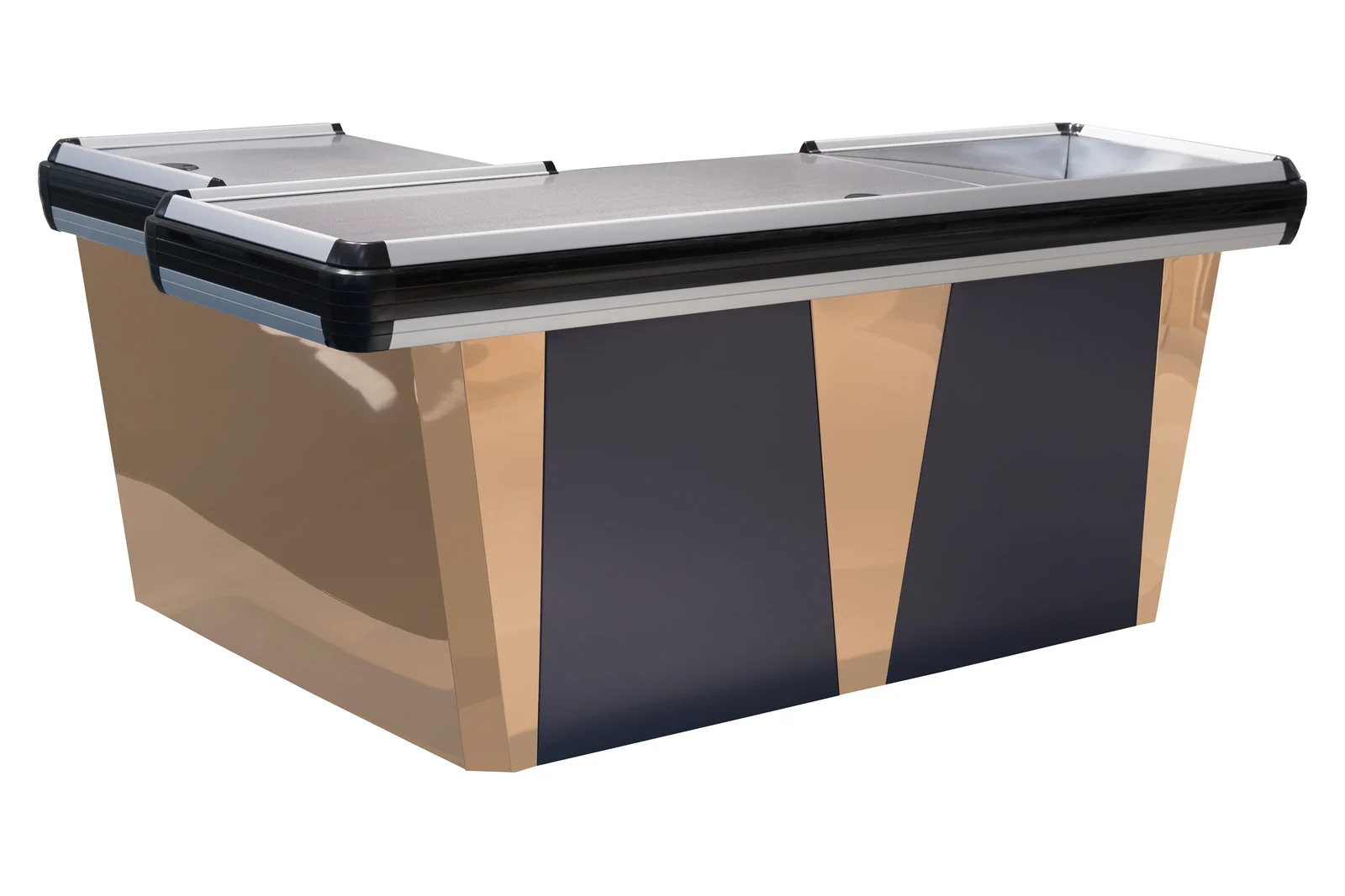 A compact Keshun checkout counter with impulse tiers on the shopper side