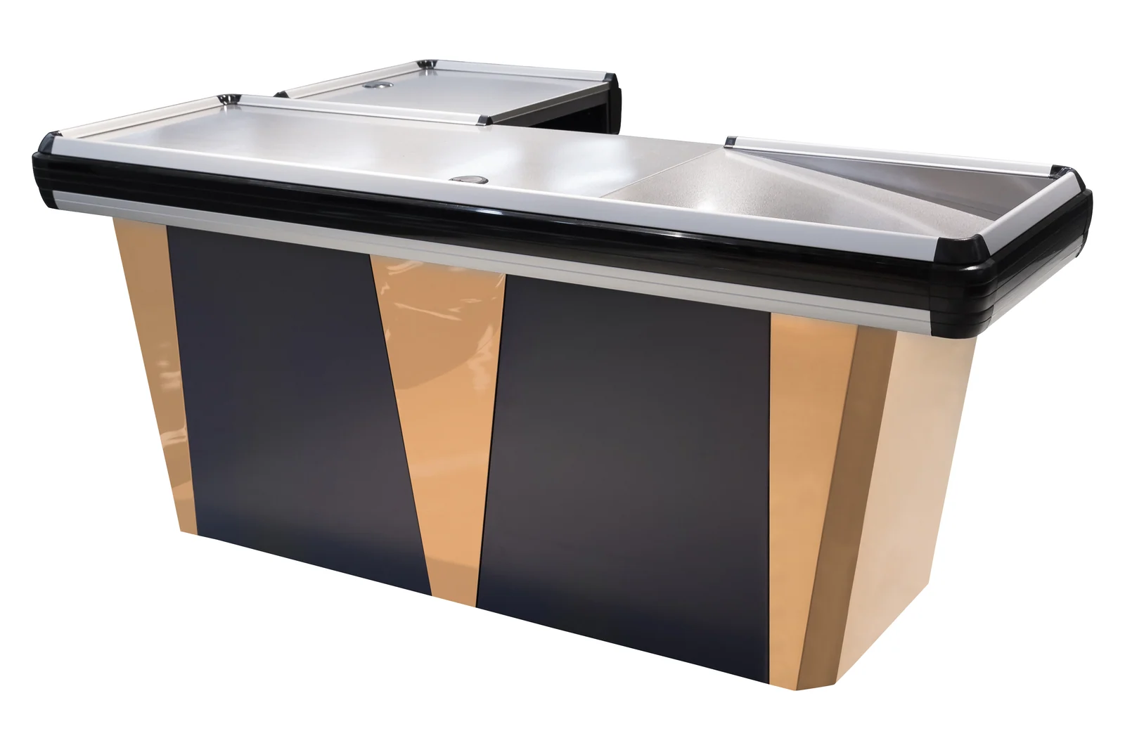 Front-end fixtures and low display units arranged for a compact store layout