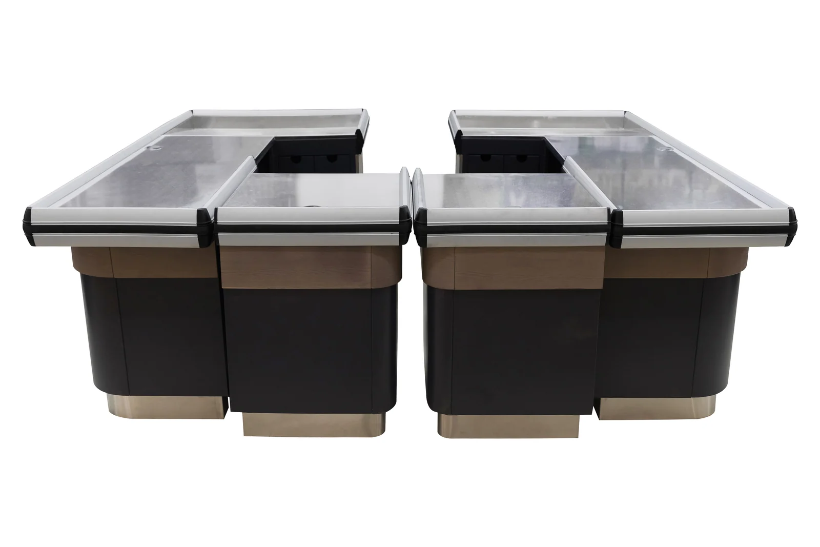 A compact checkout counter beside a longer supermarket lane, both at the same worktop height