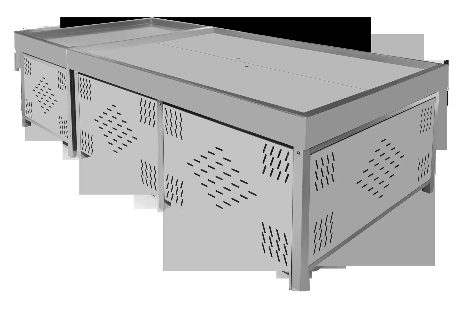 A stainless ice fresh table with a pressed unbroken bed and louvred base panels