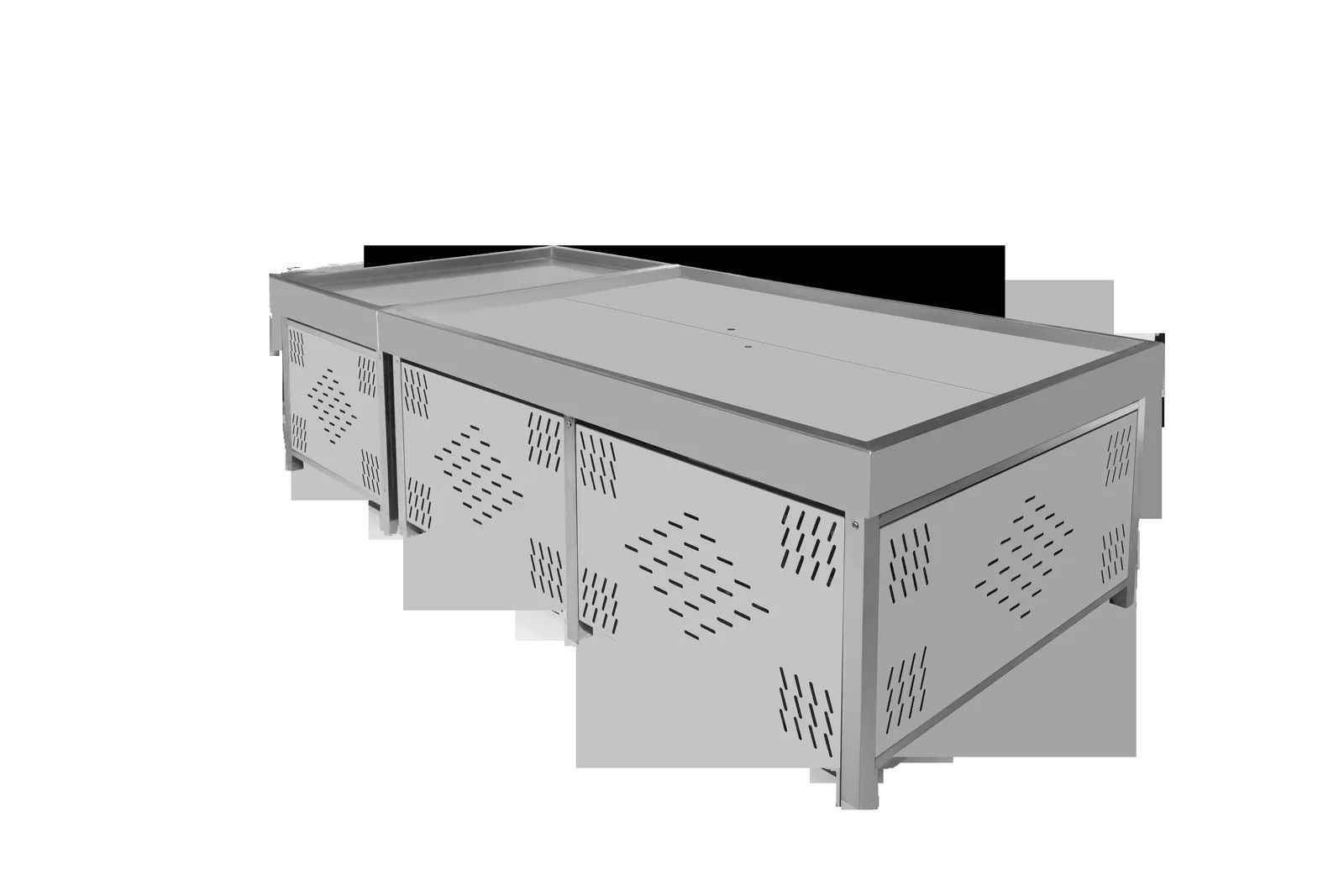 A compact single-section stainless ice fresh unit with a louvred base