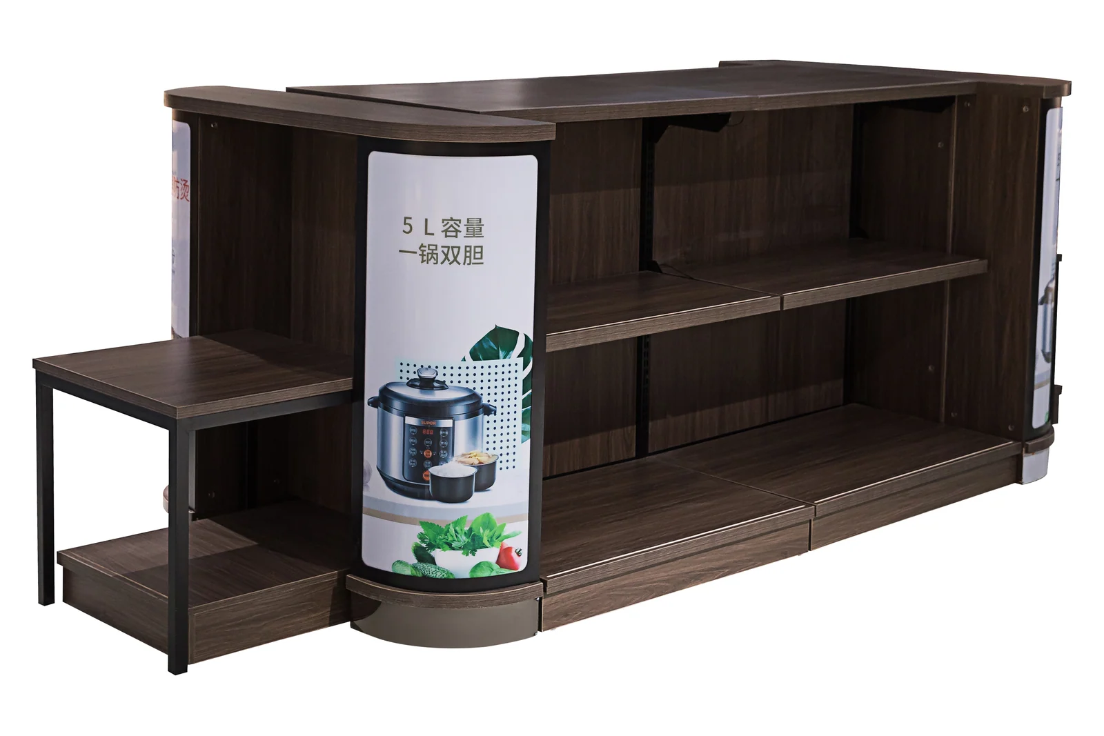 Timber shelves in a Keshun steel and wood bay, positions adjustable up the steel upright