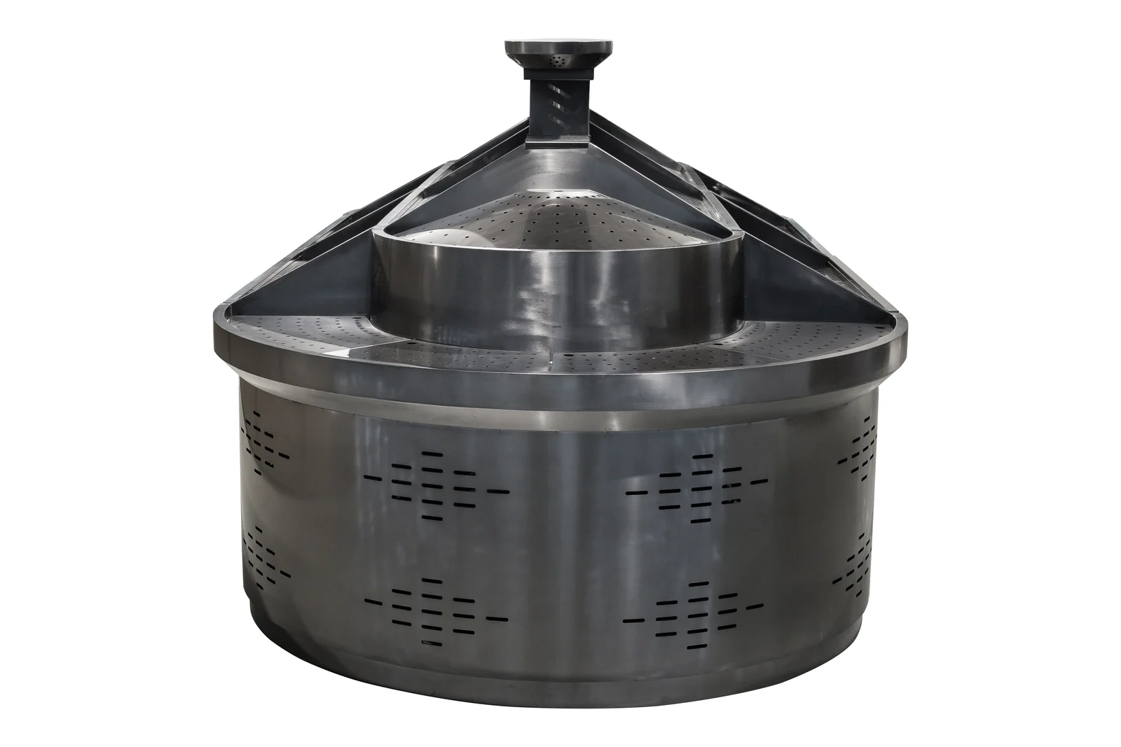 A pressed stainless produce deck with rounded wells and no assembled joints