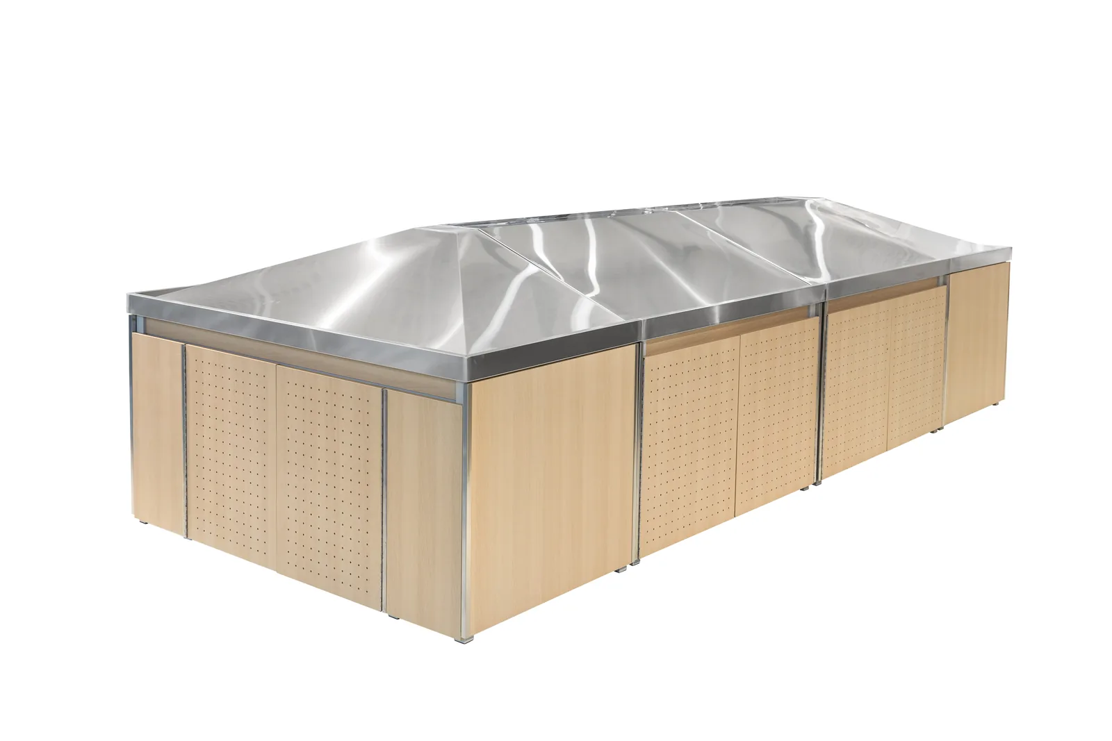 Keshun double-sided produce island with a stainless steel top and perforated wood panelling on the fascia
