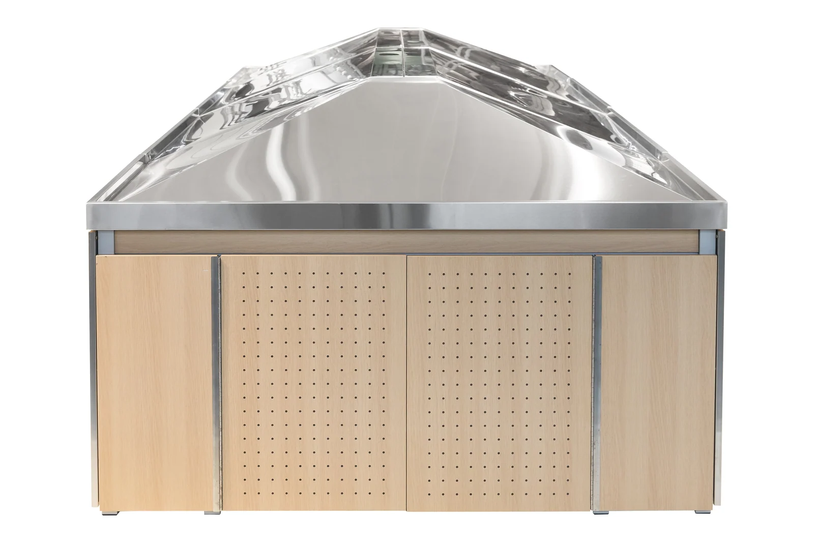 A multi-tier produce rack with stepped stainless wells