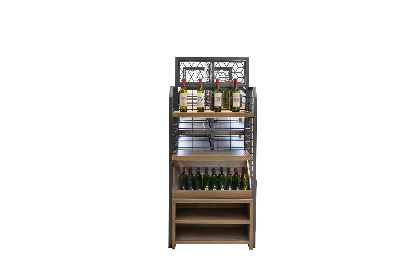 A timber wine wall with lit upper shelves above a diamond lattice bottle store