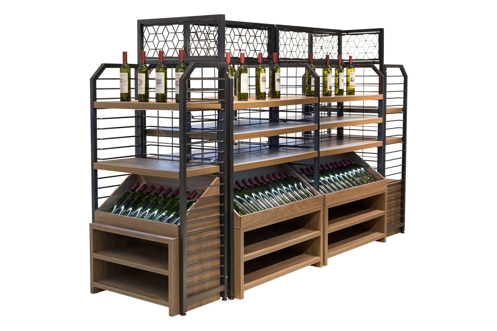 Header sign panels above the bays of a timber wine display run