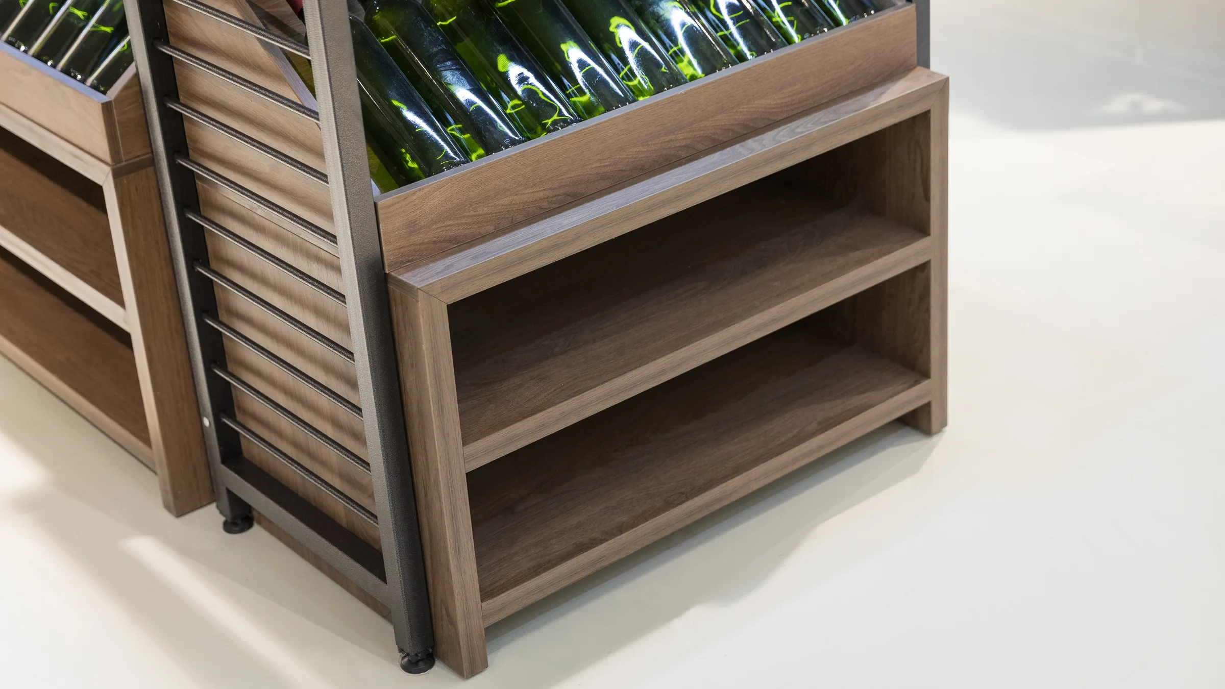 Timber wine display bays with lattice bottle storage in the Keshun showroom