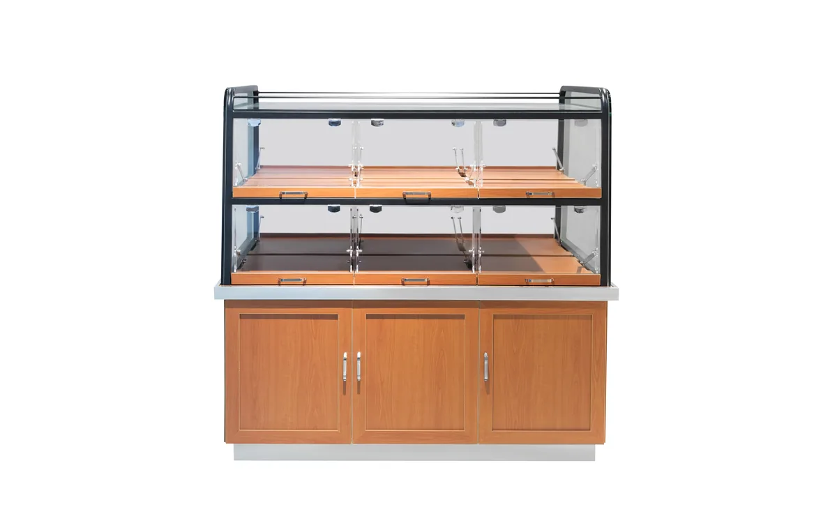 Glass fronted bakery display case with a timber base cabinet and two lit bread shelves