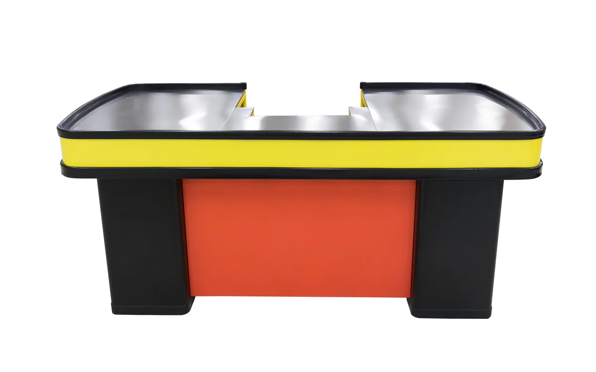 Yellow and red retail checkout counter with a rounded worktop and an open packing area
