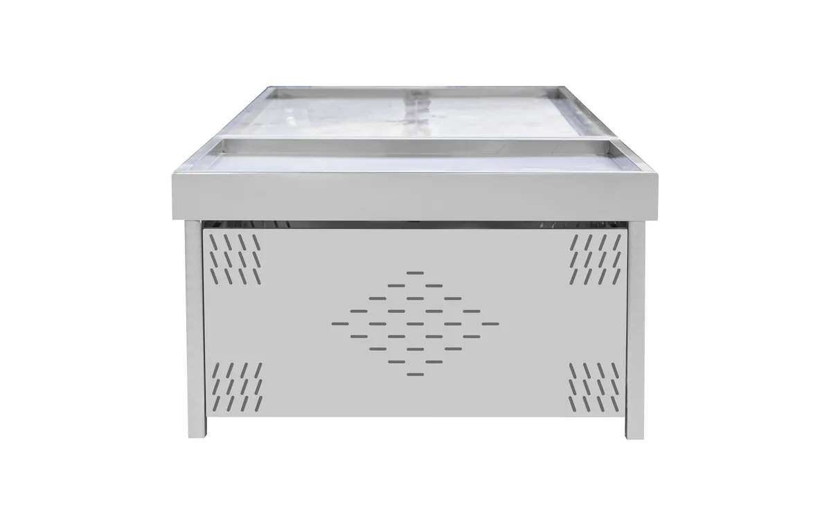 Stainless steel ice fresh display table with a perforated apron and drained basin for seafood