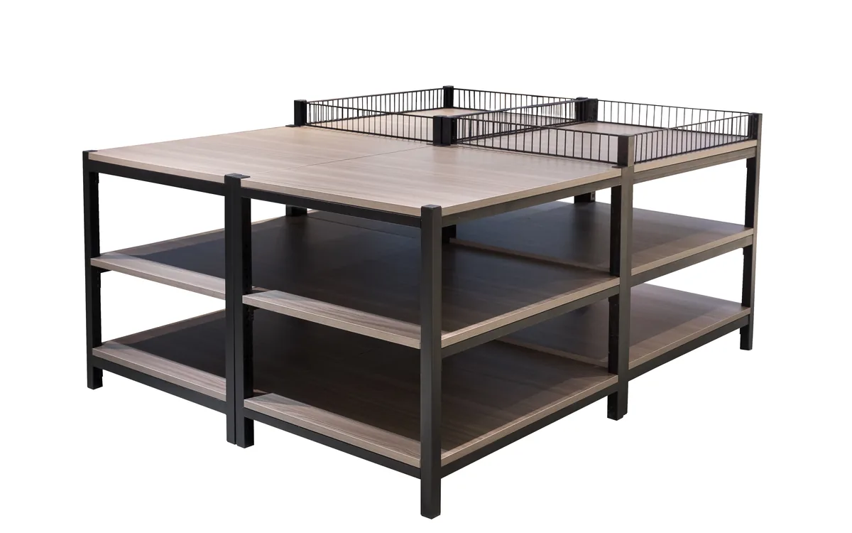 Two tier timber promotional display table on a black steel frame for supermarket aisle heads