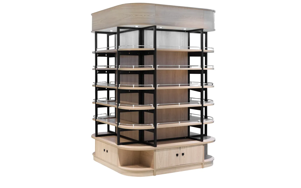 Rotating timber tower unit with wood store shelves used for supermarket end displays