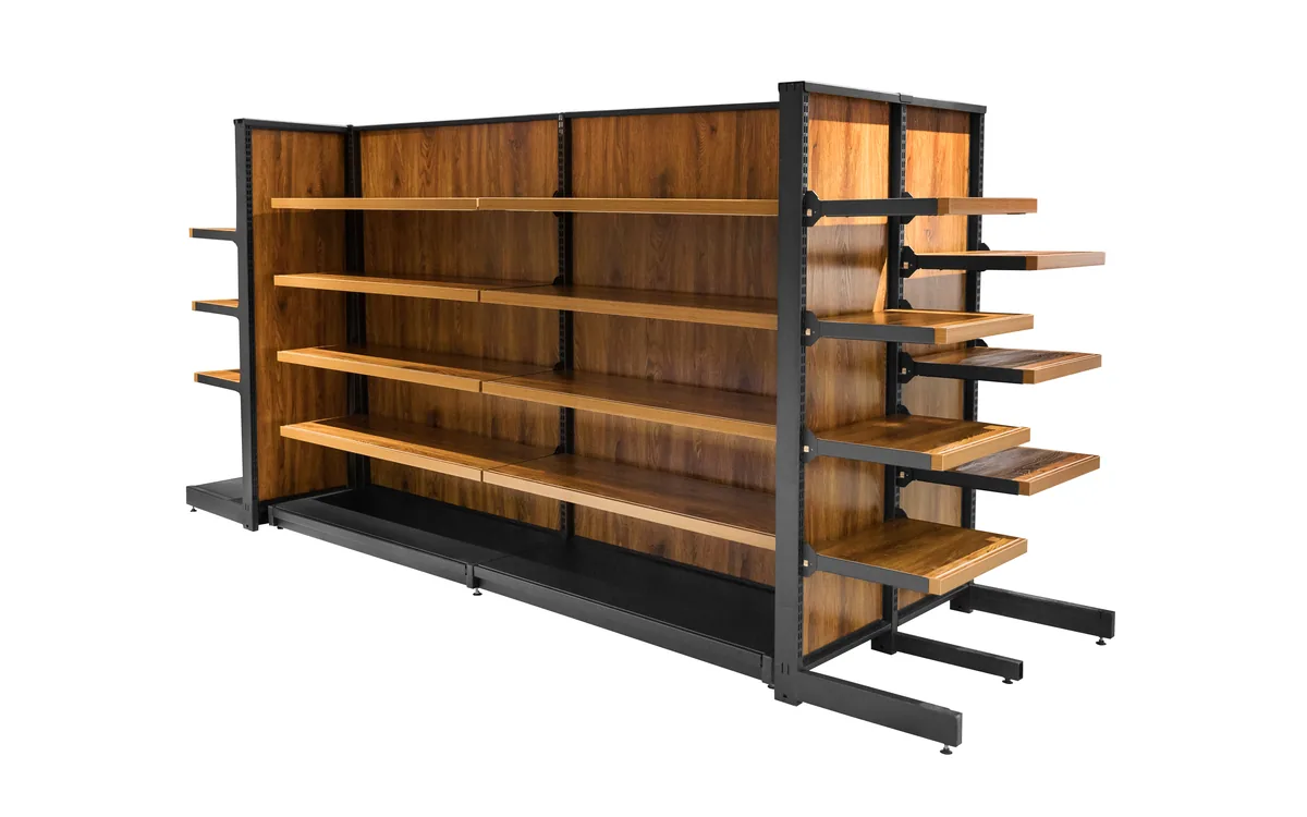 Double sided steel and wood shelving bay with punched uprights and wood store shelves
