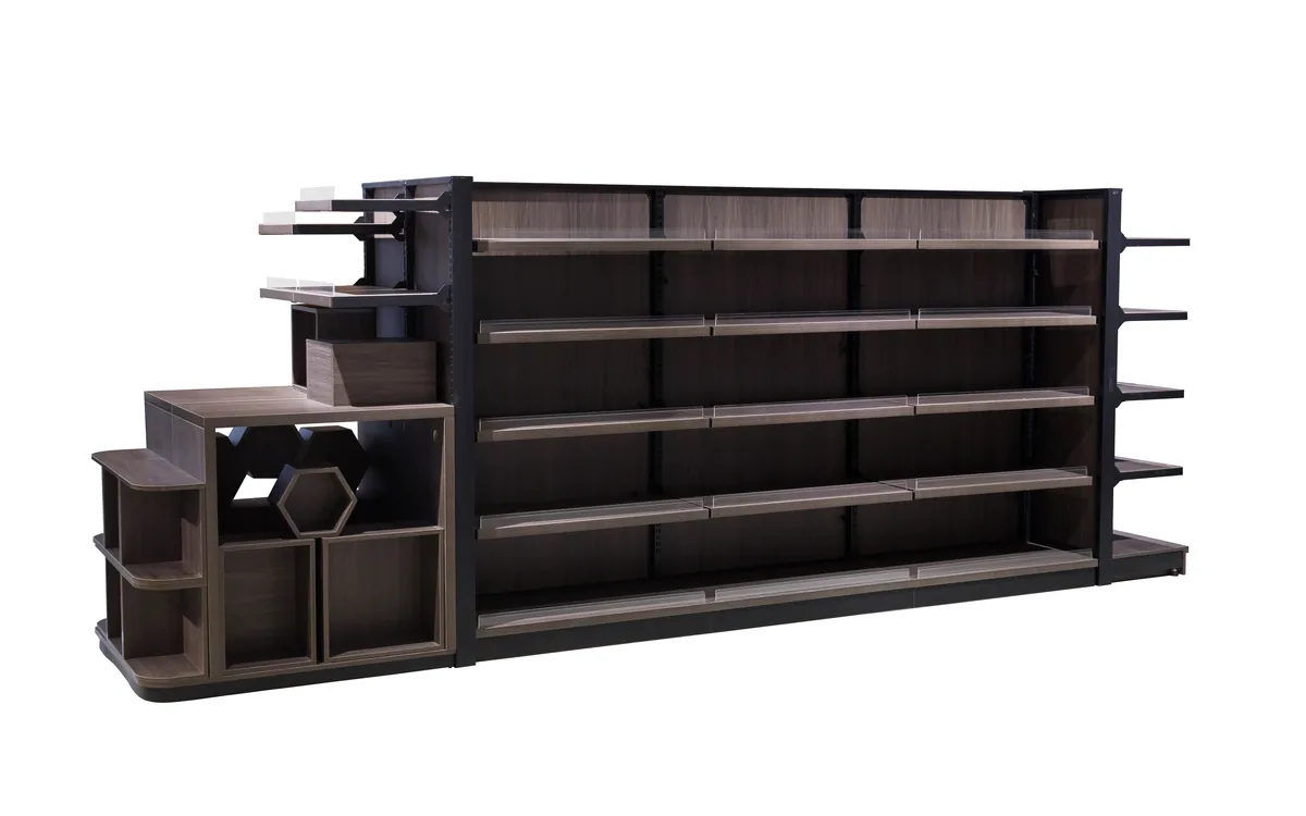 Double sided supermarket gondola shelving run with steel uprights and adjustable timber shelves