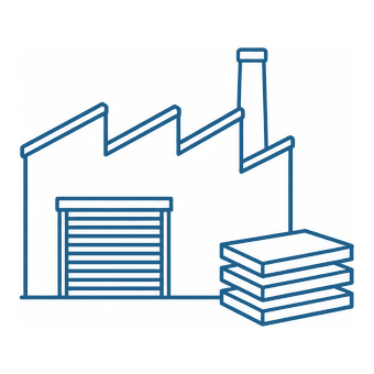 A factory building in side elevation with a sawtooth roof, a roller shutter door and a stack of flat packed panels