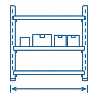 A shelving bay drawn in front elevation with a dimension line measuring its width underneath