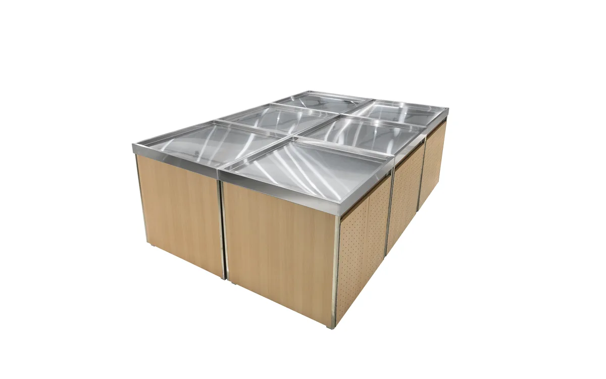 Wooden vegetable rack island for a supermarket produce aisle with a stainless display tray