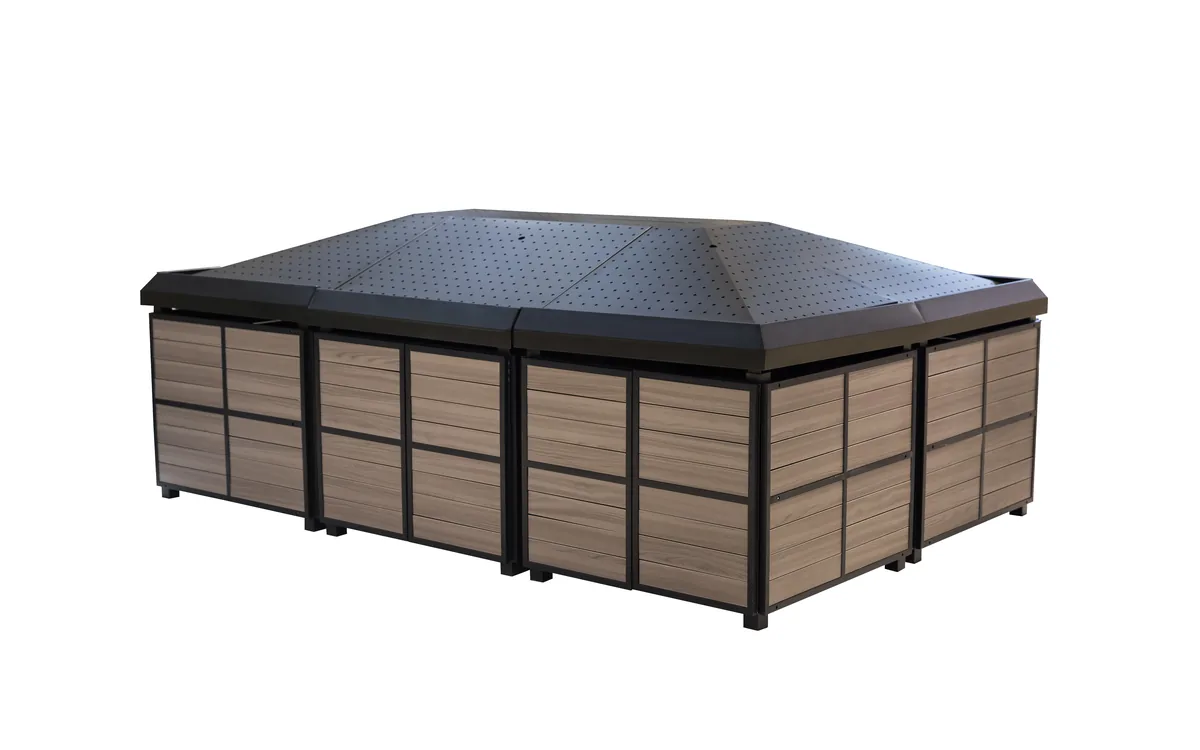 Black topped supermarket vegetable display rack island with timber cladding and a stainless rim
