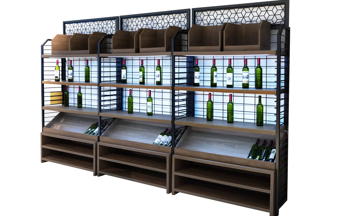 Supermarket wine display shelf with timber shelving, bottle rows and lit standing stock above