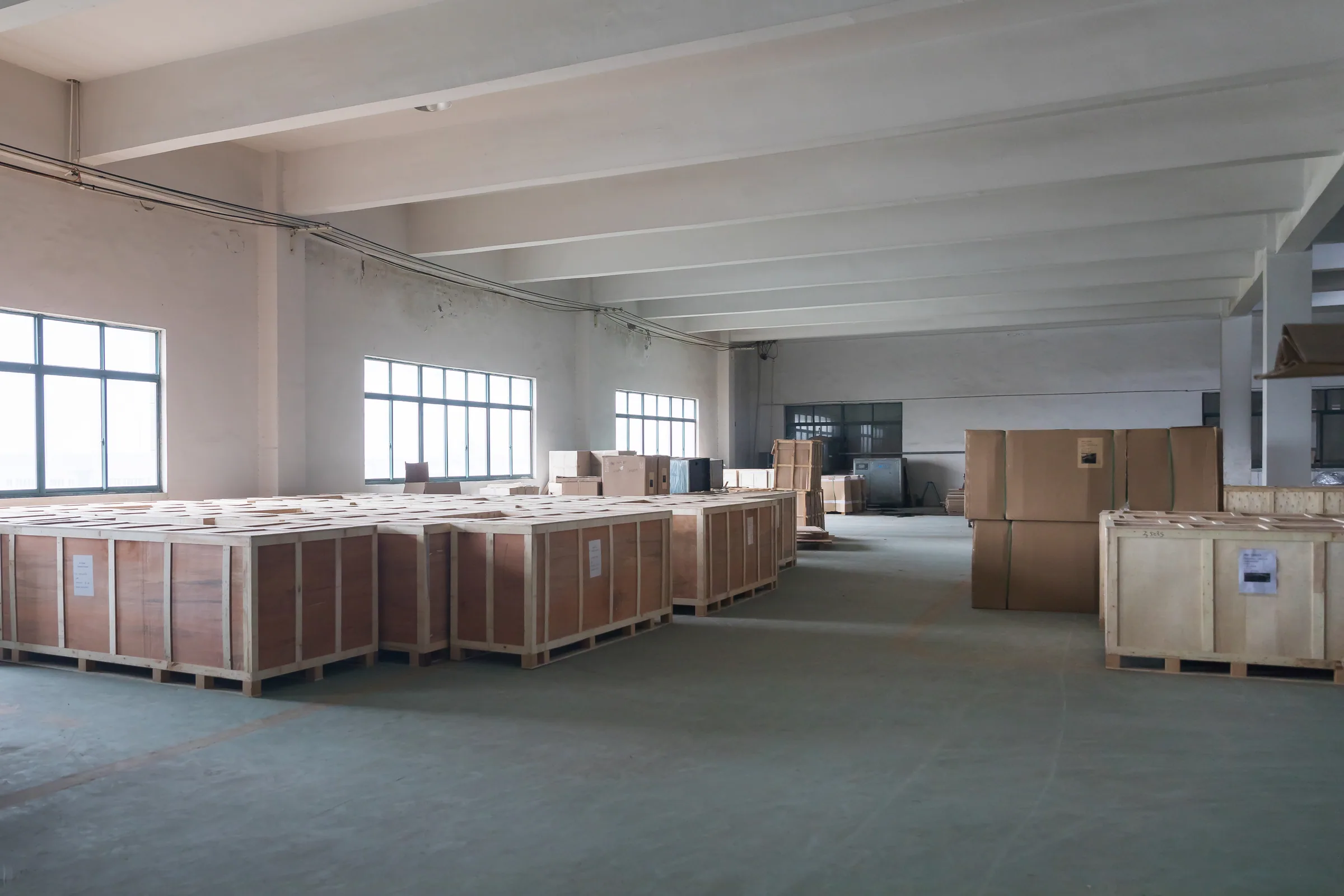 Finished bulk food cabinet bodies lined up in the Keshun production hall in Changshu