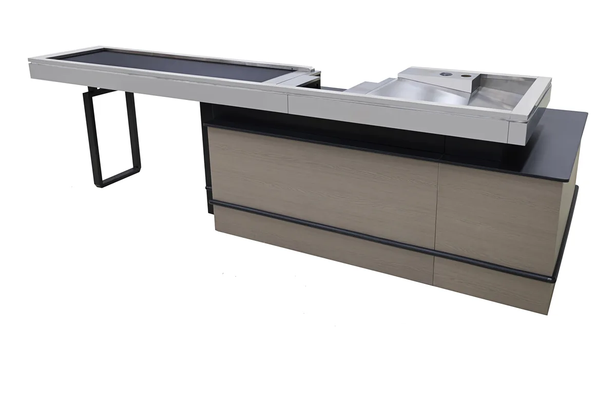 Keshun cashier counter without a belt, an open steel frame carrying a flat stainless deck