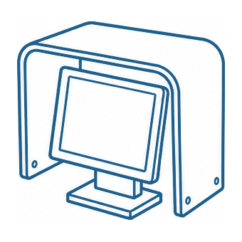 Line drawing of a computer protection cover hood arching over a cashier monitor screen