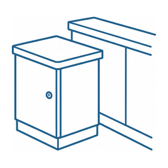 Line drawing of a 600 by 600 by 850 mm cashier stand module standing beside a checkout counter