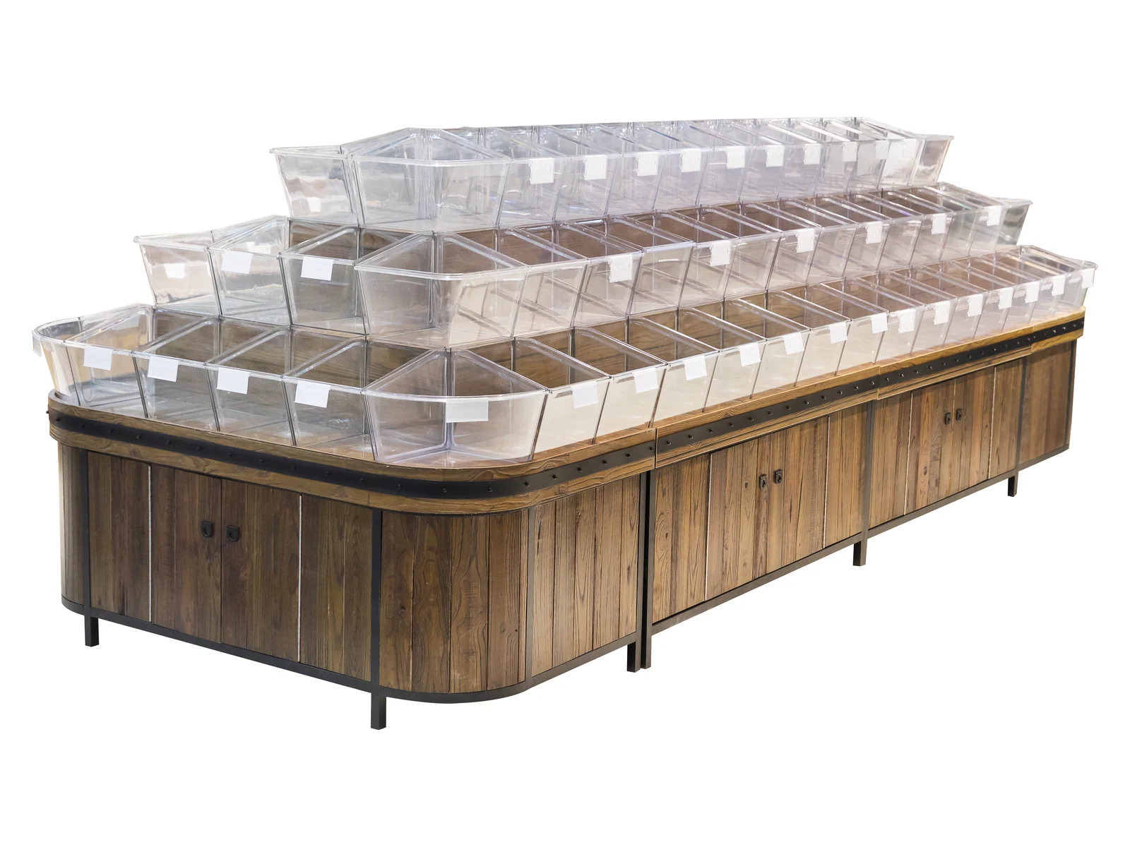 Tiered Tilt Bin Island for Bulk Foods on a white studio background