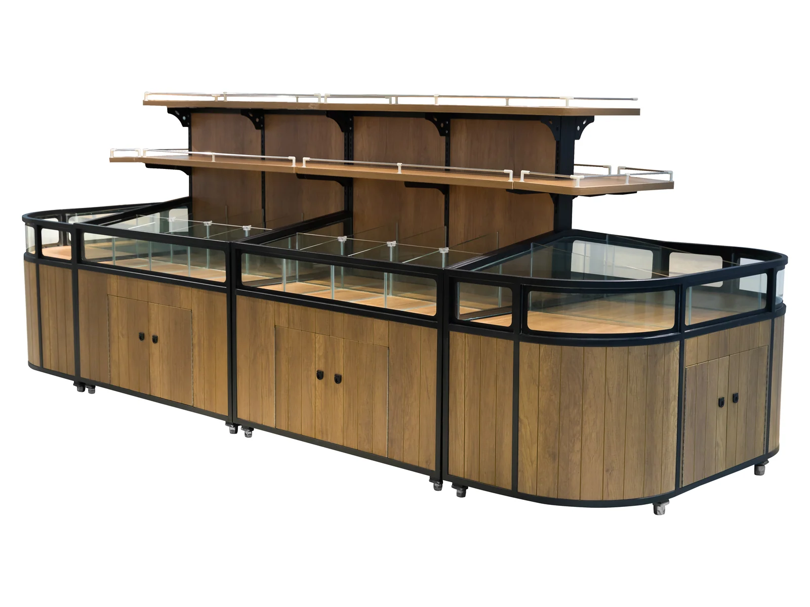 Two Level Dry Goods Island with Glazed Rails on a white studio background