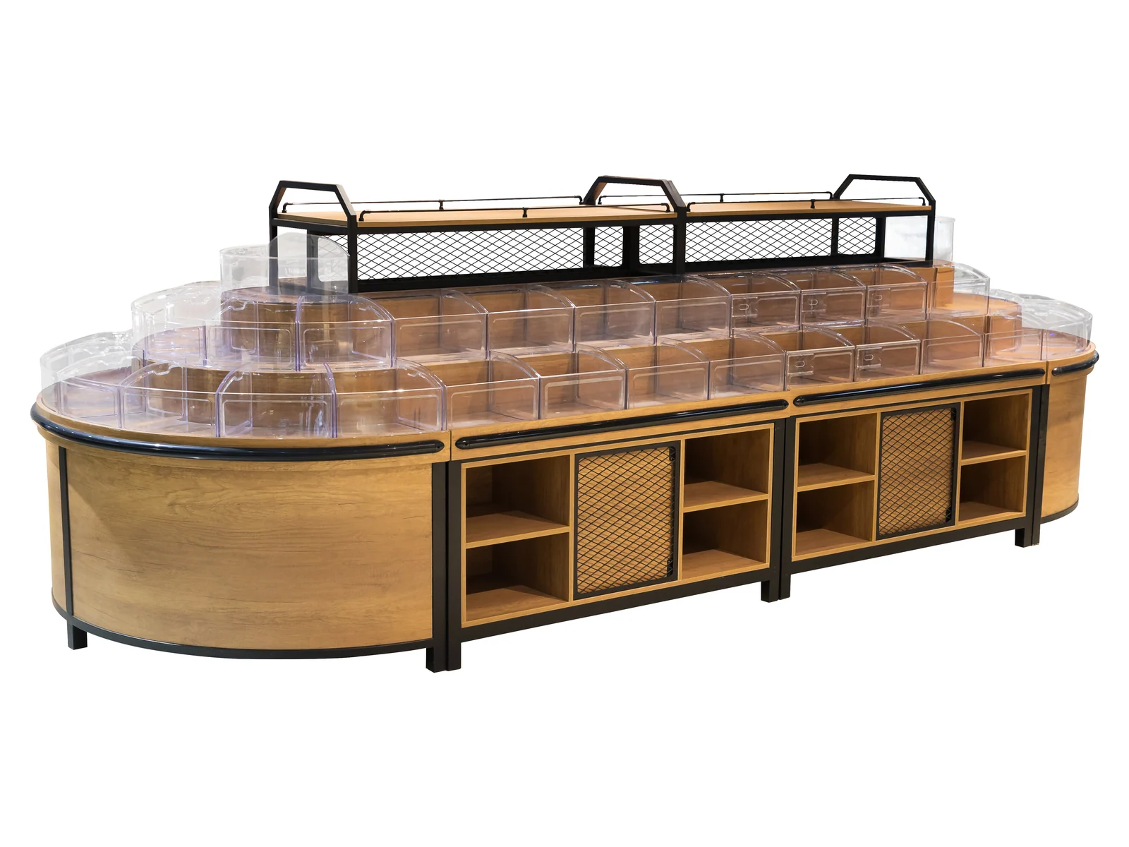 Curved End Bulk Island with Open Cubby Base on a white studio background