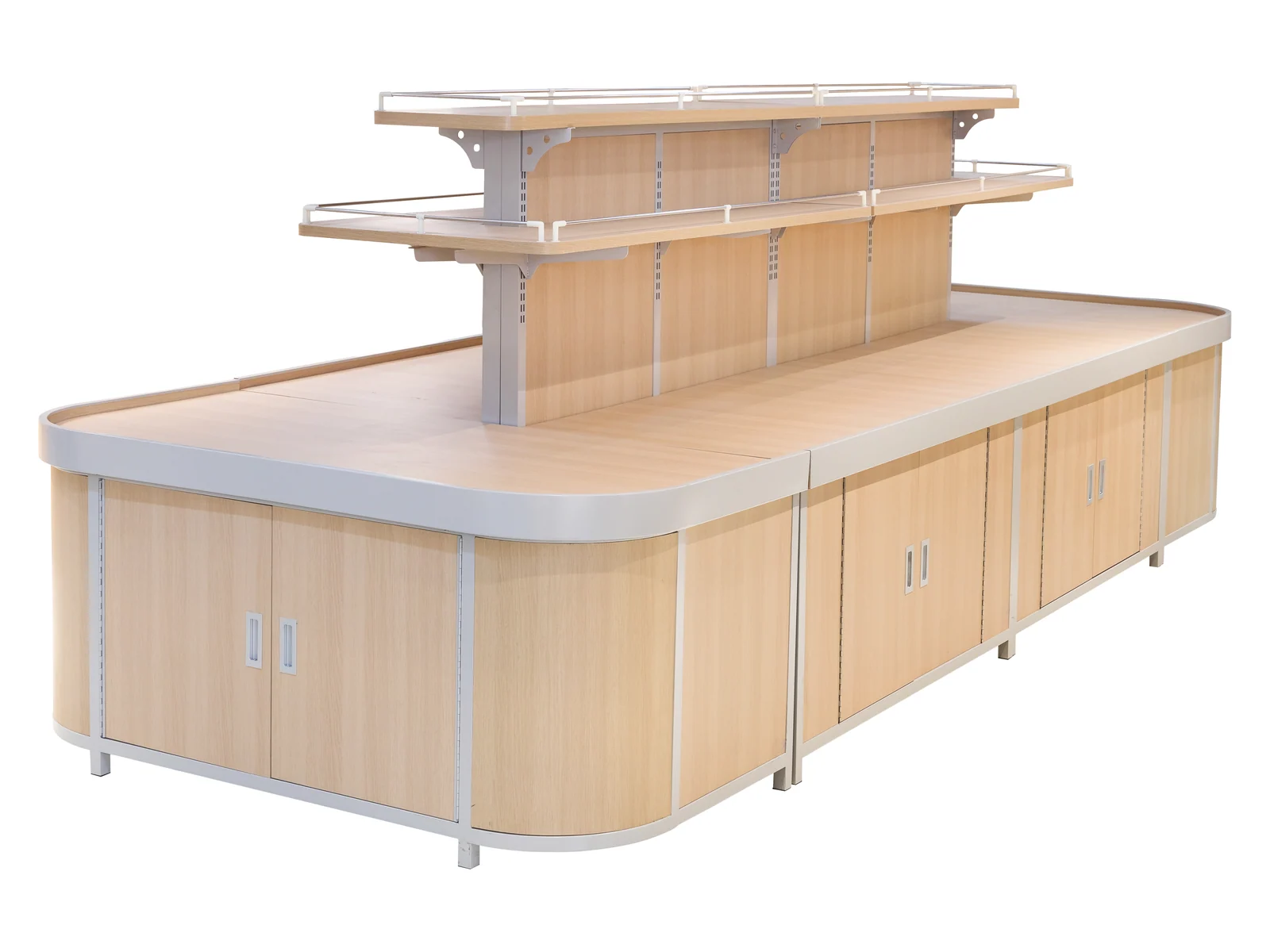 Pale Top Bulk Island with Upper Shelf on a white studio background